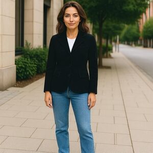 Katie Todd Velour Blazer Women L Textured Black Patch Pockets Notched Collar